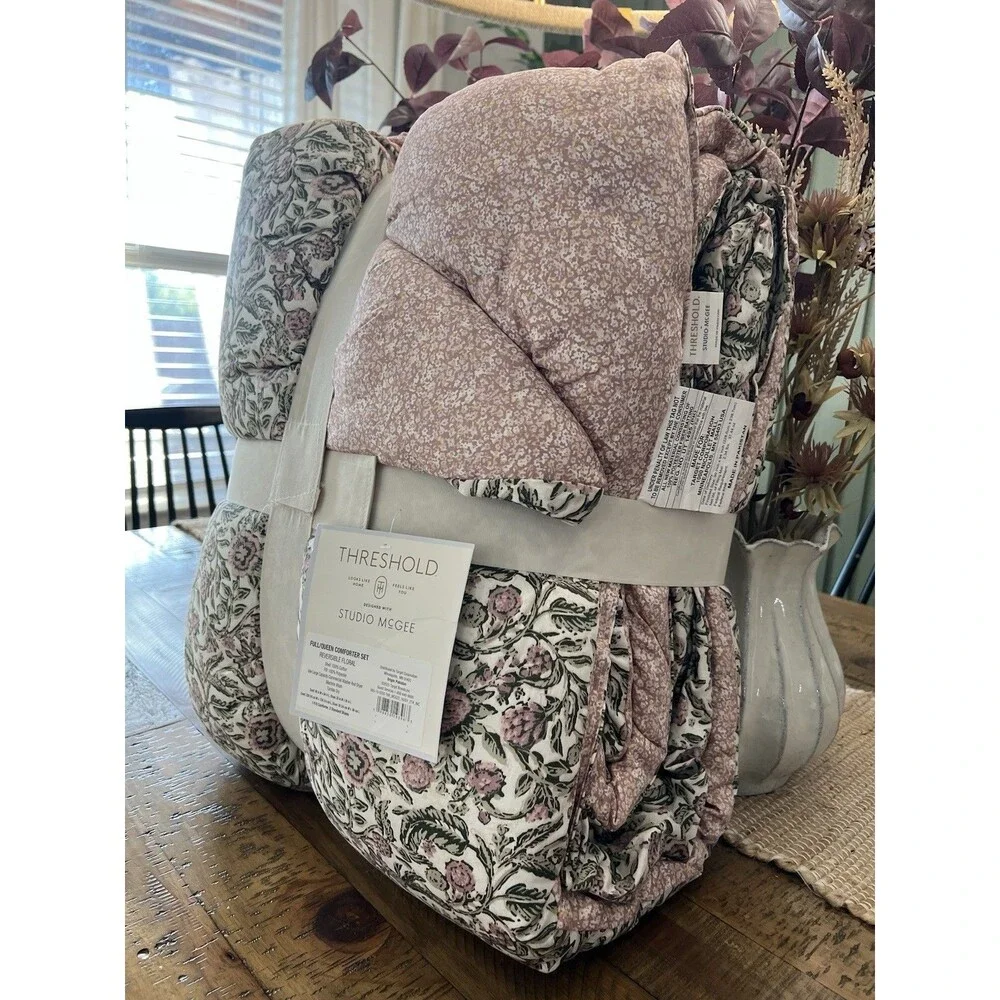 3pc Full/Queen Reversible Floral Comforter Set Pink/Green- Threshold
